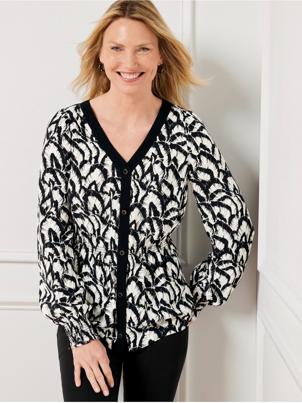 Talbots Black & White Printed V-Neck Smocked Top